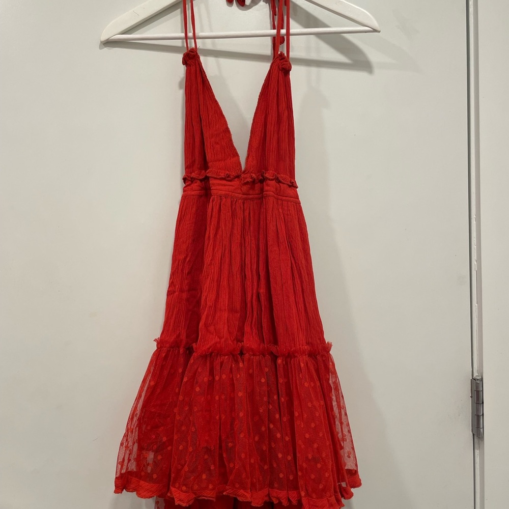 Red Sleeveless Dress with Sheer Polka Dot Skirt